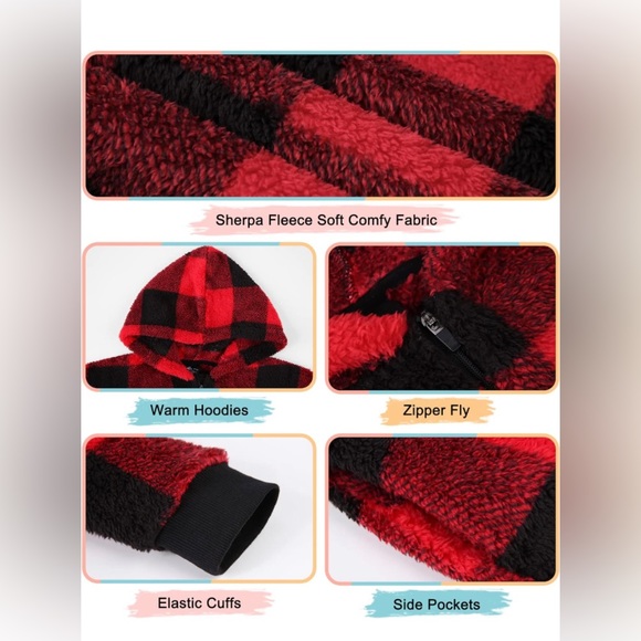 Girls Red & Black Sherpa Fleece Hooded Pullover Sweatshirt, Sz 14-15 - Picture 2 of 6